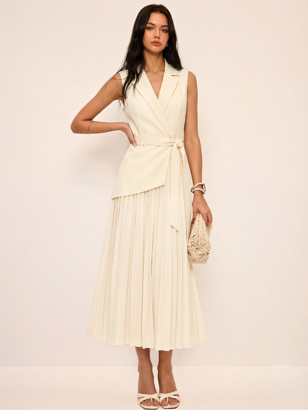Commense Sleeveless Belted Pleated Dress — Cream